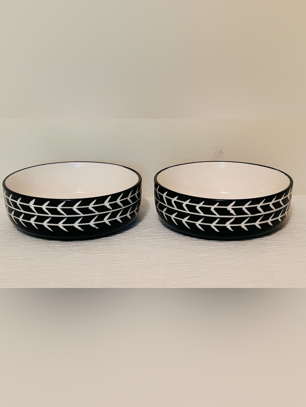 Black and Off White Ceramic Dog  Bowls - Matching Set of 2